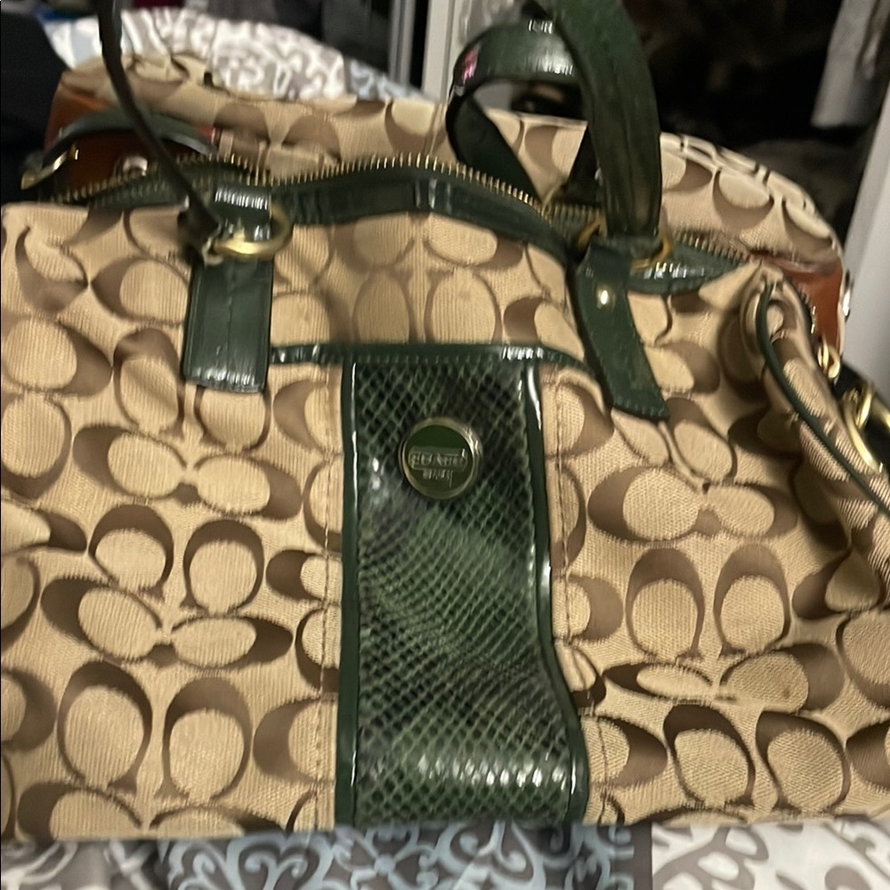 Coach Signature Canvas and Green Leather Bag
